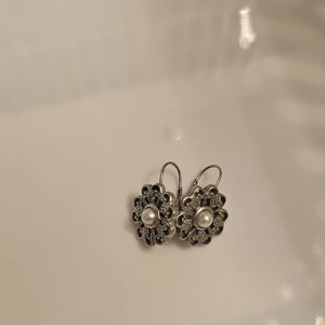 Elegant Silver Floral Earrings with Pearl Accent